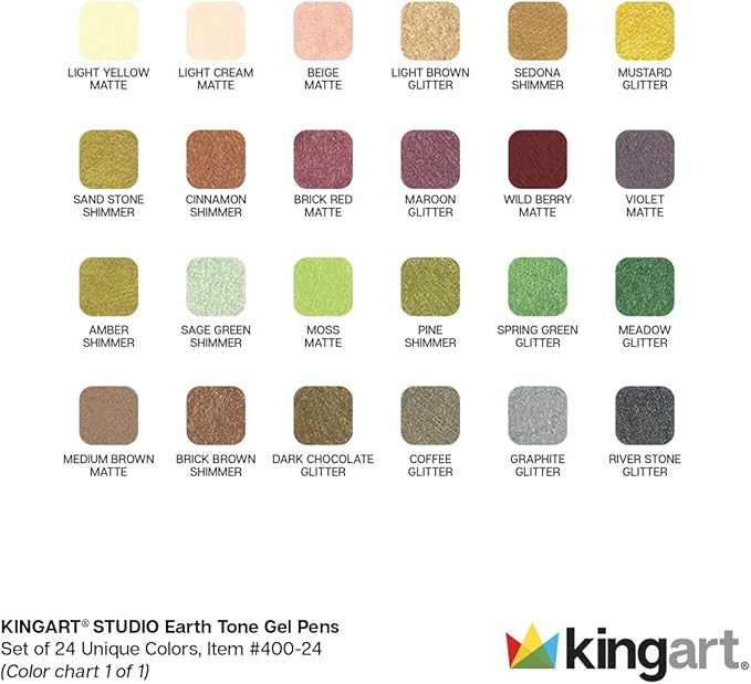 KINGART Soft Grip Earth Tone Gel Pens, XL 2.5mm Ink Cartridge, Set of 24 Unique Colors