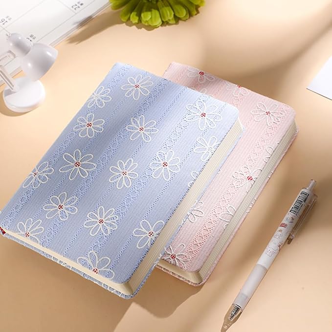 B6 Notebook, Flower Fabric Journal, Writing Notebook for Women, 5x7 Lined Notebook & Sketchbook, Lay Flat Hardcover Notebook, Small Sketchbook, Daisy Gifts for Girl, Blue