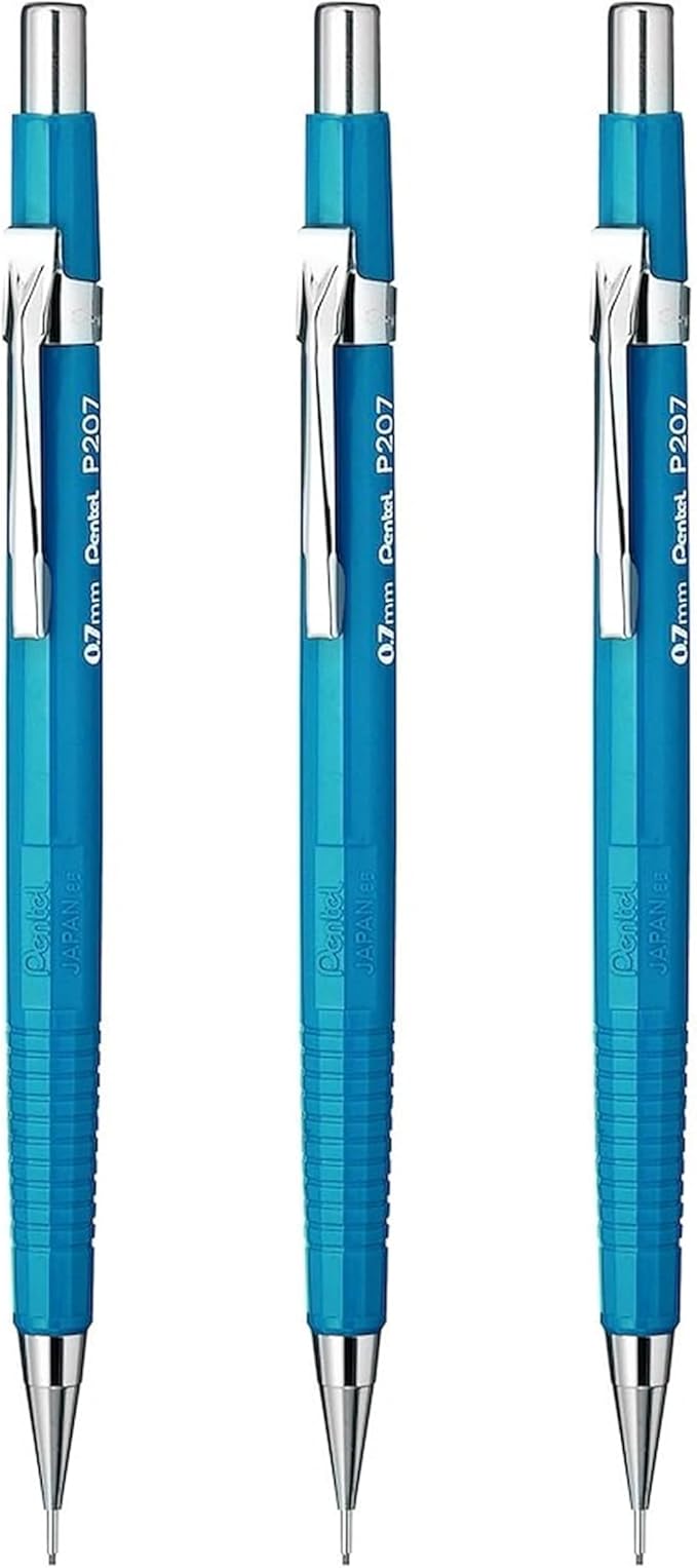 Pentel 0.7mm (P207-C) Blue P200 Series Automatic Mechanical Drafting Pencil Refillable Lead Eraser (Pack of 3)
