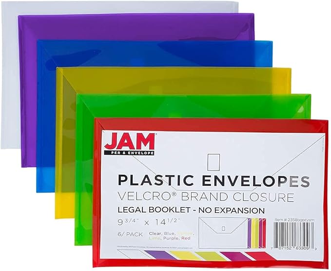 JAM PAPER Plastic Envelopes with Hook & Loop Closure - Legal Booklet - 9 3/4 x 14 1/2 - Assorted Colors - 6/Pack