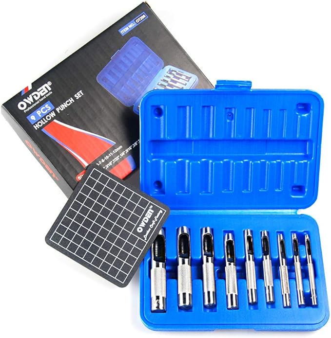OWDEN 9 Pieces Hollow Punch Set (1/8"-1/2") with A Free Cutting MAT, Leather Hole Punch Set