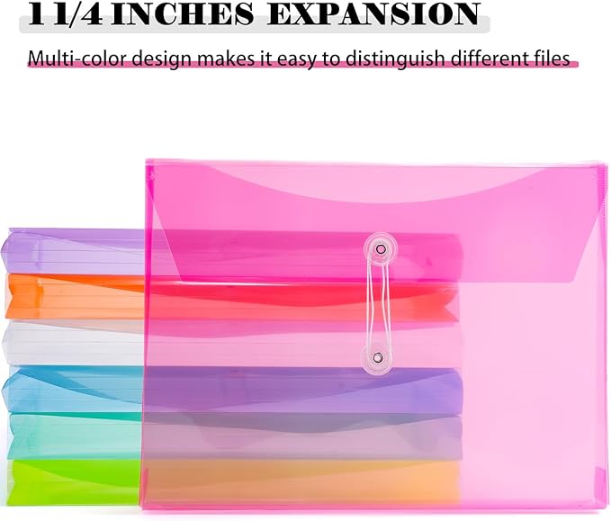 A4 Letter Size Plastic Poly Envelopes with Button and String Tie Closure, 1-1/4" Expansion Clear File Folders Side Loading Documents Organizer for Home School and Office Supplies (14)