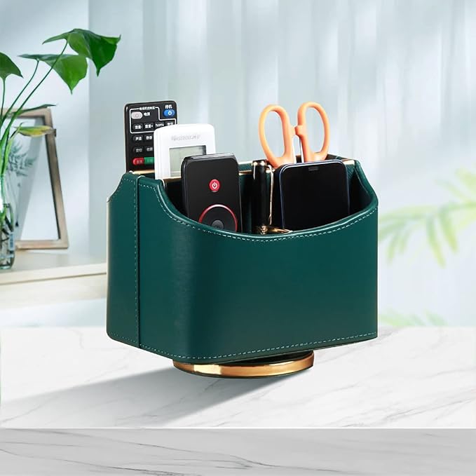 Leather Remote Control Holder for Table, 360 Degree Spinning TV Remote Caddy, Bedside Desk Organizer for DVD, Media, Blu-Ray, Heater Controllers, Mobile Phone, Glasses and Office Supplies Storage