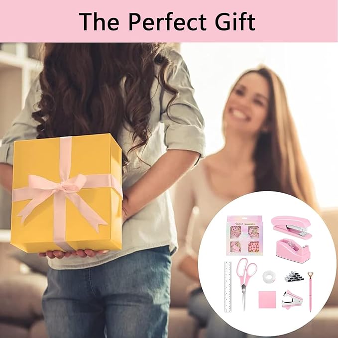 Office Supplies,Desk Accessories,Tape Holder,Stapler,Scissor,Staple Remover,Box of Binder Clips,Staples,Ballpoint Pen,Sticky Notes,Clear Tape,Ruler,Office Supplies Set Pink