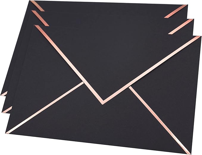 A7 Envelopes - V Flap Foil Border Luxury Mailing Envelopes for 5" x 7" Cards - for Wedding, Invitations, Baby Shower, Photos, Graduation, Birthday, Bridal Shower - 5.25" x 7.25" (Black, 50 Pack)