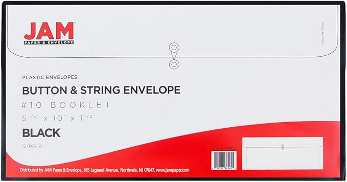 JAM PAPER Plastic Envelopes with Button & String Tie Closure - #10 Business Booklet - 5 1/4 x 10 - Black - 12/Pack