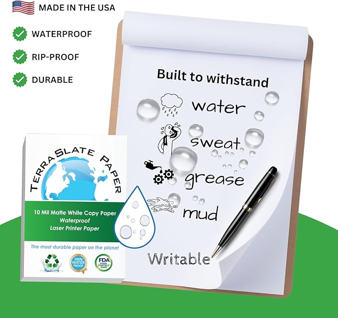 TerraSlate Premium Rain/Weather/Waterproof Paper, 10 MIL 8.5 x 11 Inches, Bright White, Durable Printer Paper (250 Sheets)