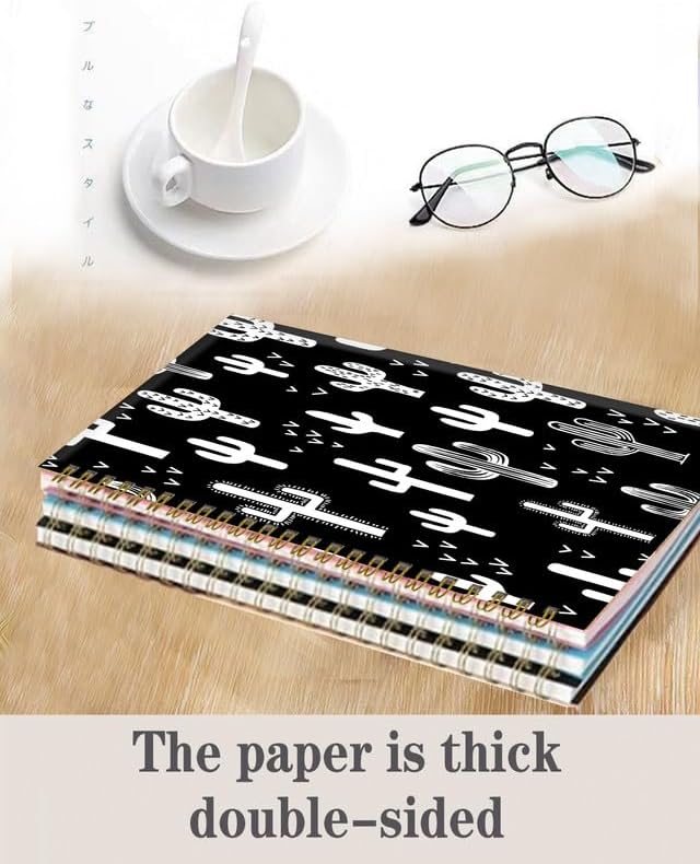Spiral Journal Notebook,A5 Hardcover Lined Journals for Women Girl 6 x 8.3 in,120 Pages Thick Paper,Cute College Ruled Writing Notebook for Gifts Office Work School(Black White Cactus Plant)