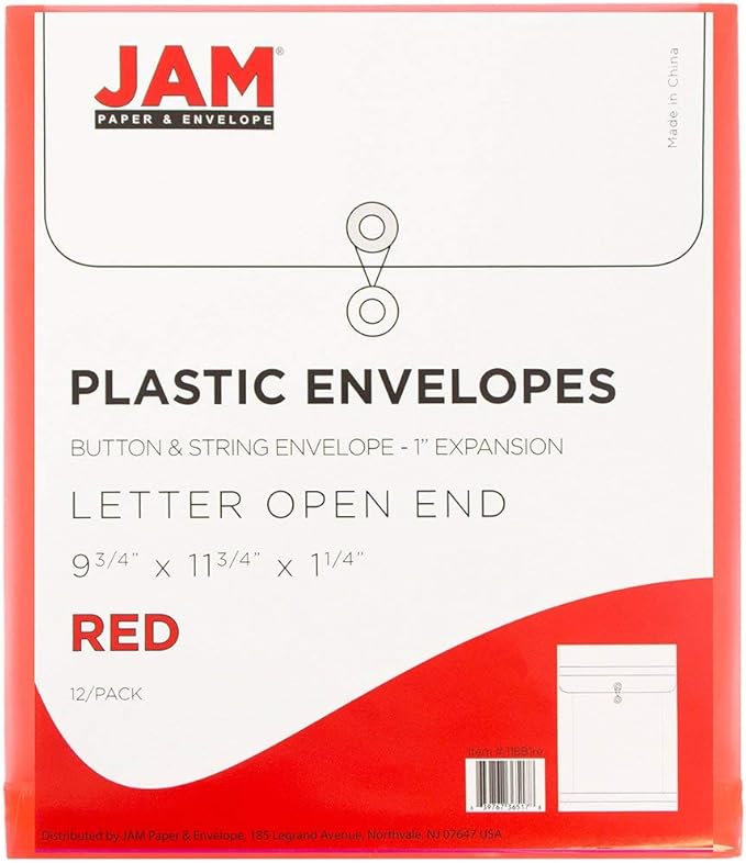 JAM PAPER Plastic Envelopes with Button & String Tie Closure - Letter Open End - 9 3/4 x 11 3/4 - Red - 12/Pack