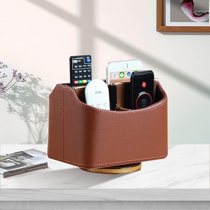 YAPISHI Remote Control Holder, Swivel Desk Organizer and Accessories Decorations for Living Room, PU Leather Room Decor Aesthtic, Bedside Table Organizer Remotes Caddy for TV Controllers/Stationery