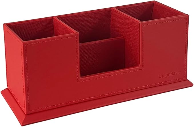 UnionBasic Desk Organizer, Desktop Caddy Leather Multi-compartment Pen Holder Office Stationer Organizer, Red