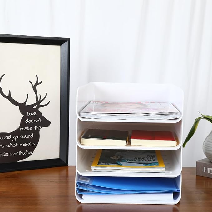 (4pcs Pack) HKeeper Stackable Paper Trays,Letter Tray Organizer,Office Desktop Organizer,A4 Paper Holder,Supplies Magazine,File Documents,Receipts(White,Regular)
