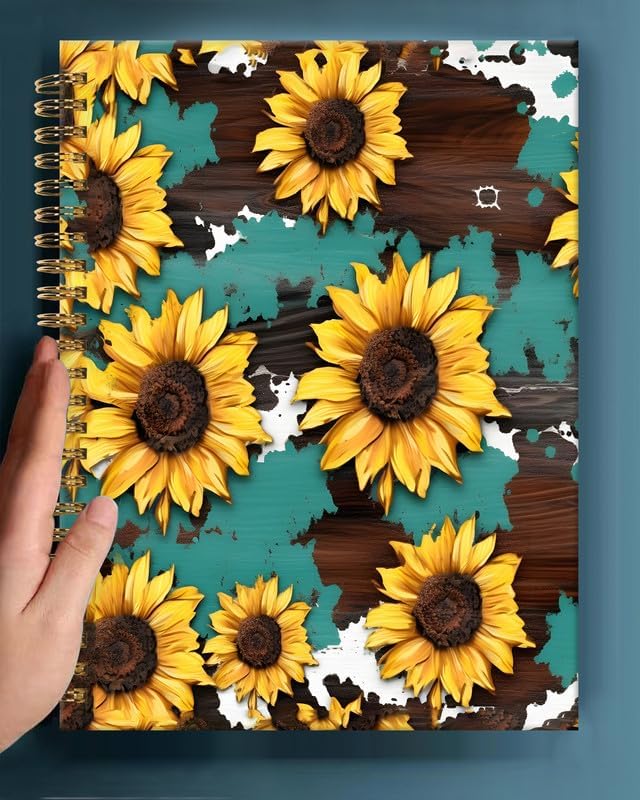 Spiral Journal Notebook,A5 Hardcover Lined Journals for Women Girl 6 x 8.3 in,120 Pages Thick Paper,Cute College Ruled Writing Notebook for Gifts Office Work School(Sunflower Cow Wood Grain)
