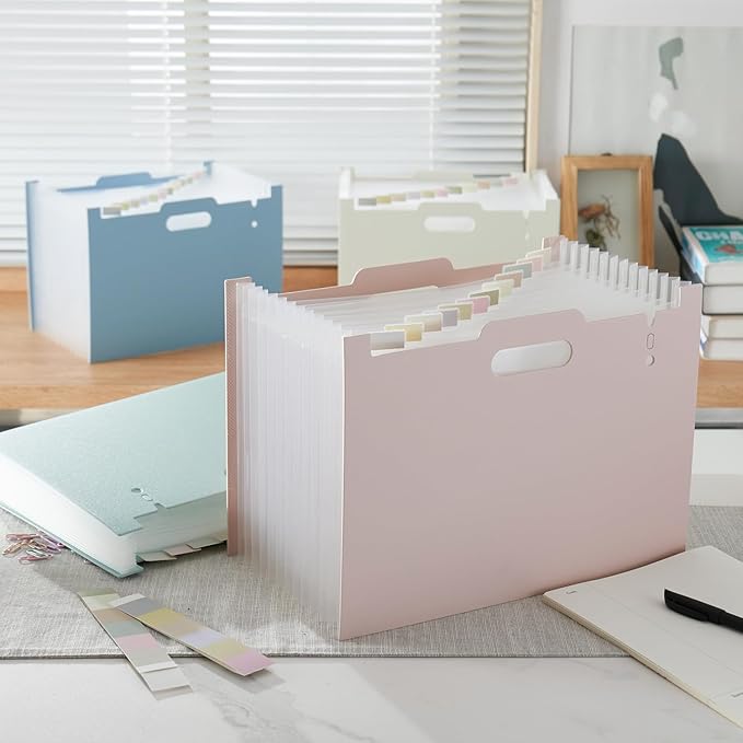 Y YOMA 2 Pack Accordion File Organizer with Handle 12 Pockets Expanding File Folder with Removable Tabs for A4 Letter Size Paper Portable Plastic Filing Organizer Document Bill Receipt Holder, Pink