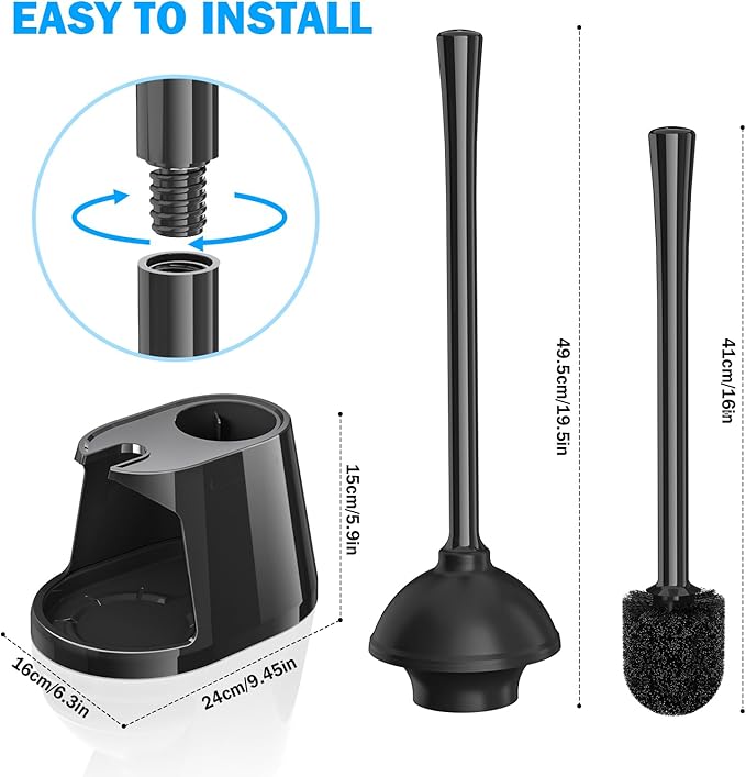 Toilet Plunger and Brush Set, 2 Pack Bowl Brush and Heavy Duty Toilet Plunger with Ventilated Holder, 2-in-1 Toilet Brush and Plunger Combo for 5.3-inch Toilet Drain Bathroom Deeply Cleaning(Black)