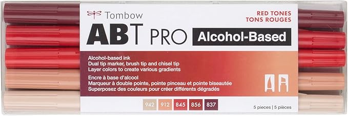 Tombow 56974 ABT PRO Alcohol Markers, Red Tones, Set of 5 Colors – Dual Tip, Permanent Art Markers Feature Chisel and Brush Tips Perfect for Coloring, Sketching, and Creating Color Gradients