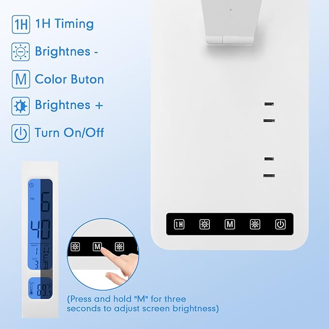karidi Smart Desk Lamp with Digital Clock, 4-in-1 Charging Station (2 AC Outlets, Type-C, USB-A Ports), Temperature Display, 5 Color & Brightness Settings, Ideal for Offices & Bedrooms