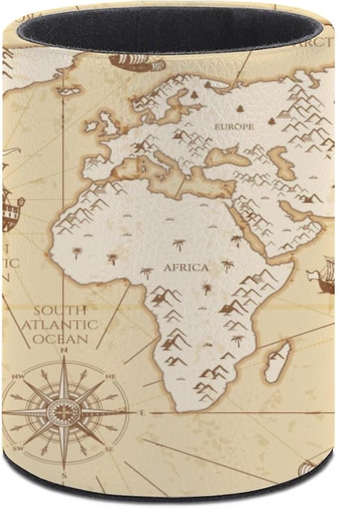 Vintage World Map Pen Holder Pencil Organizer Cute Pencil Cup Desk Decor Makeup Brush Holder PU Multifunctional Office Suppliesfor Home Classroom School