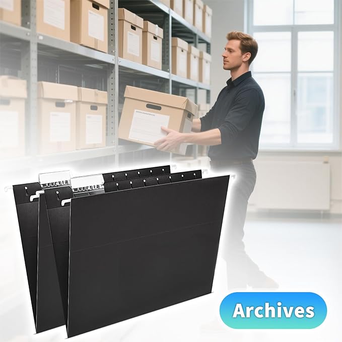 25-Pack Black Hanging File Folders, Letter Size (8.5" x 11Inch), Includes 35 Transparent Label Cards & 50 Sticker Labels,1/5-Cut Tabs for Home & Office Organization