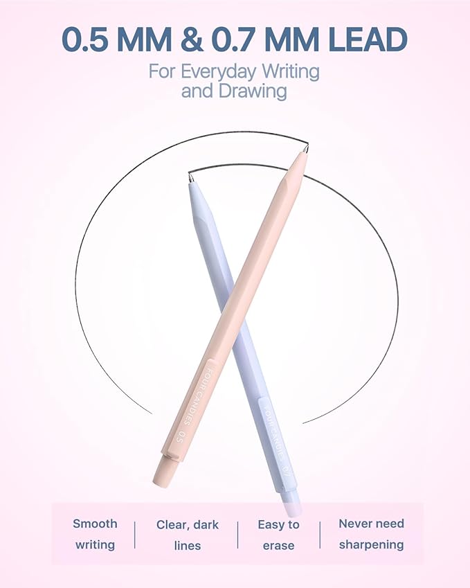 Four Candies Mechanical Pencil Set, with 0.5 & 0.7mm Lead Refills (HB & 2B), Pastel Erasers & Eraser Refills, 29-Count Pack with Case, Cute Aesthetic School Supplies for Writing, Drawing, Sketching