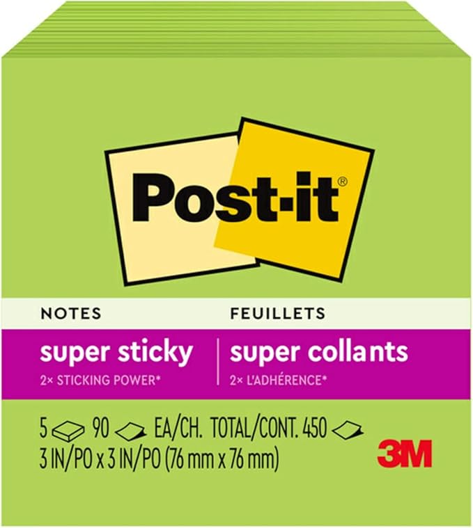 Post-it Super Sticky Notes, 5 Sticky Note Pads, 3 x 3 in., School Supplies, Office Products, Sticky Notes for Vertical Surfaces, Monitors, Walls and Windows, Limeade Green