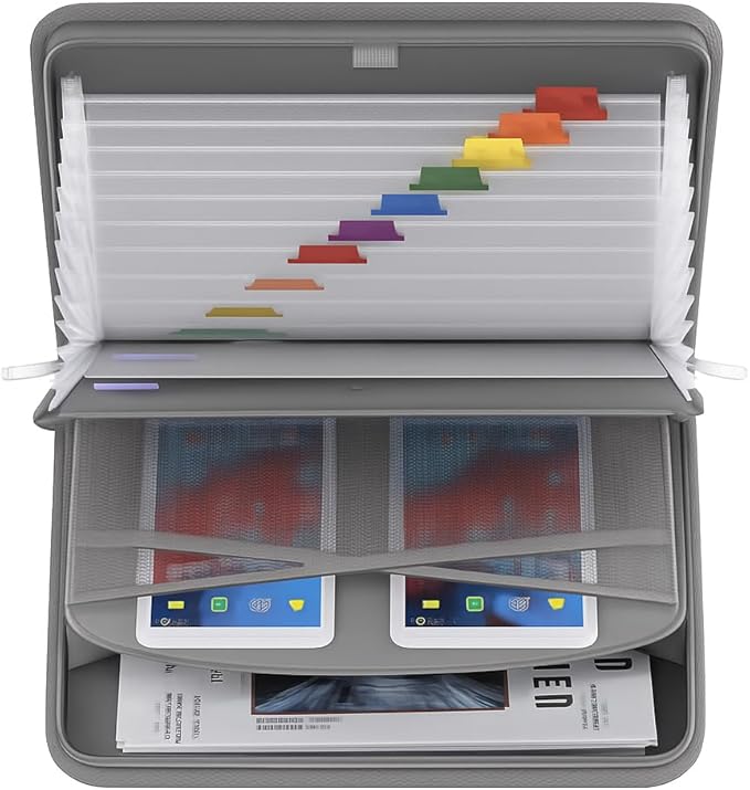 Folio Document Organizer (Grey), Durable 13-Pocket Expanding File Folder with Handle & Labels, Portable A4/Letter Organizer for Home Office, School & Travel