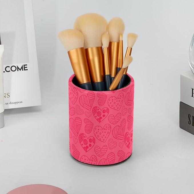 Pen Holder Cup Pencil Cup Holder for Office Valentine's Day Hand Drawn Pink Hearts Pattern Desk Organizer