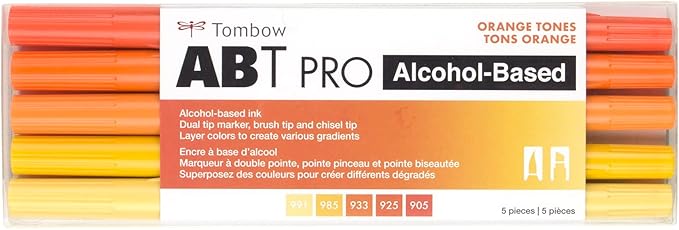 Tombow 56973 ABT PRO Alcohol Markers, Orange Tones, Set of 5 Colors – Dual Tip, Permanent Art Markers Feature Chisel and Brush Tips Perfect for Coloring, Sketching, and Creating Color Gradients