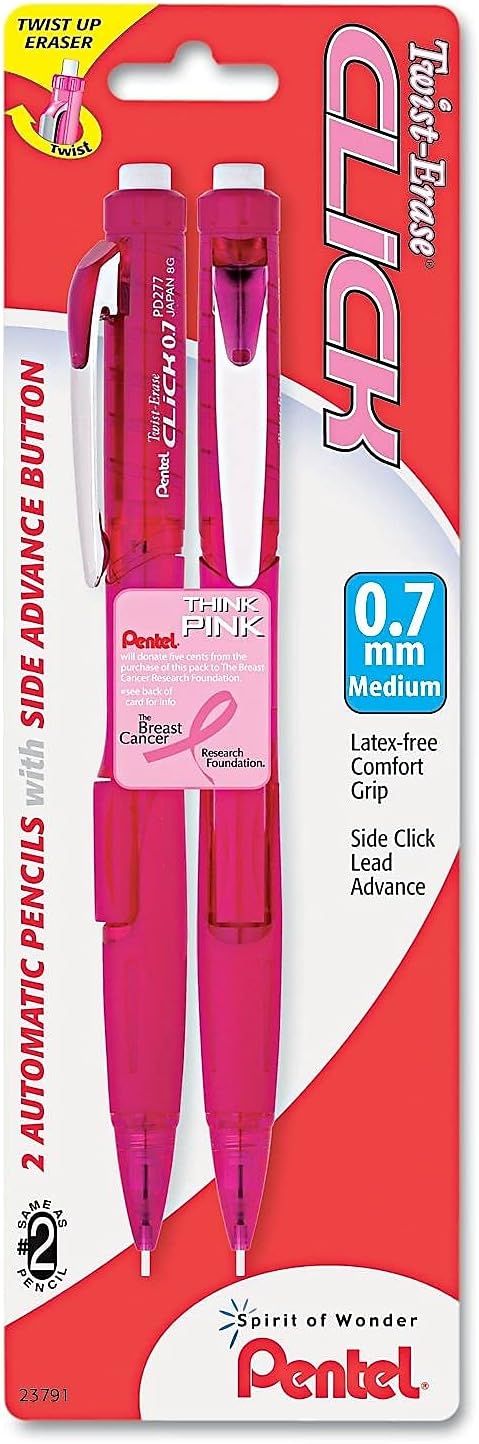 Pentel PD277TBP2PBC Pink Ribbon Twist-Erase CLICK Mechanical Pencil, 0.7 mm, 2/Pack