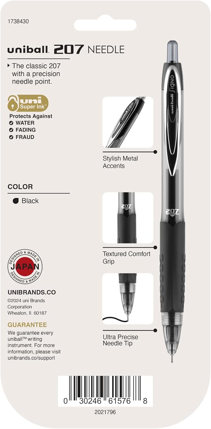 uniball Signo 207 Needle Point Gel Pen, Retractable, Medium 0.7 mm, Black Ink, Black Barrel, 4/Pack