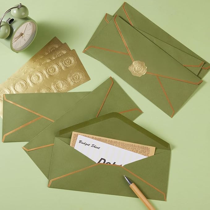 50 Pack #10 Business Envelopes with Gold Border, Self Seal Standard Envelopes with Gold Stickers for Office, Checks, Letter Mailing, Invoices, 4 1/8 x 9 1/2 Inches (Olive Green)