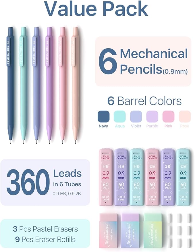 Four Candies Mechanical Pencils 0.9mm, with HB & 2B Lead Refills 0.9 mm, Pastel Eraser Set & Eraser Refills, 16-Count Pack with Case, Cute Aesthetic School Supplies for Writing, Drawing and Sketching