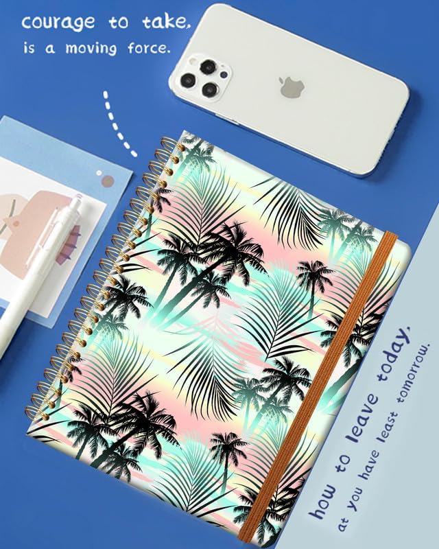 Ruled Spiral Writing Notebook,A5 Hardcover Lined College Journal for Women Lady Girl,Strong Twin-Wire Binding with Premium Paper,8.4" X 6",Perfect for School,Office,Home Gifts(Palm Tree Beach)