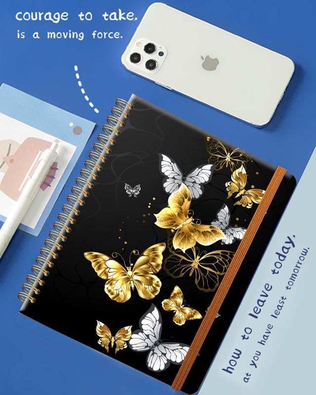 Ruled Spiral Writing Notebook,A5 Hardcover Lined College Journal for Women Lady Girl,Strong Twin-Wire Binding with Premium Paper,8.4" X 6",Perfect for School,Office,Home Gifts(Gold Butterfly)