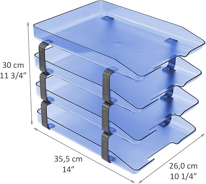 Acrimet Traditional 4 Tier Letter Tray, Front Load Design, A4 Letter Size, Desktop Organizer (Plastic) (Clear Blue Color)