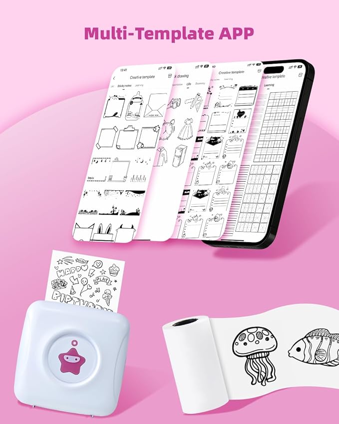 vretti Mini Pocket Printer - Portable Thermal Printer with 1 Roll Sticker Paper, Bluetooth Mini Printer for iPhone & Android, TP2-Y Inkless Sticker Maker for Notes, Photos, Labels, DIY