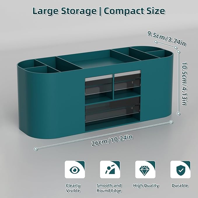 Marbrasse Pen Holder for Desk with 3 Drawers, Multi-Functional Pencil Holder, Desk Organizers and Accessories with 7 Compartments for Home, School, Classroom (Dark Green)