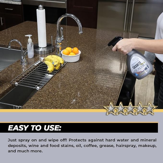 Flitz Granite Sealer (+ Quartz) - 32oz Bottle of USA-Made Quartz Sealer for Countertops, Glass, & More - Food Safe Marble Sealant that Shields Against Hard Water Stains, Mineral Deposits, Oil (1 Pack)
