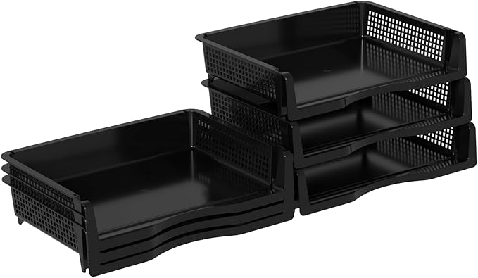 Set of 6 Plastic Letter Trays Stackable, Plastic Stackable A4 Paper Tray, Desktop File Organizer, Black