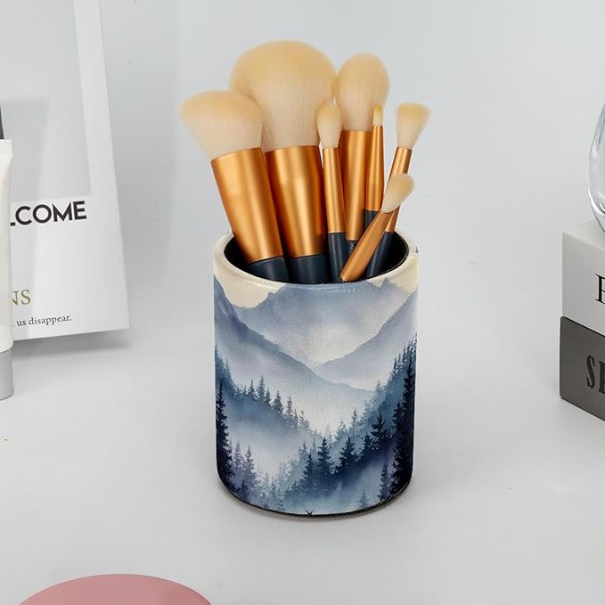 1 Pack Watercolor Mountain Deer Circular Pen & Pencil Holder - Durable PU Leather Pencil Cup, Desk Accessories Organizer for Office Desk School Home