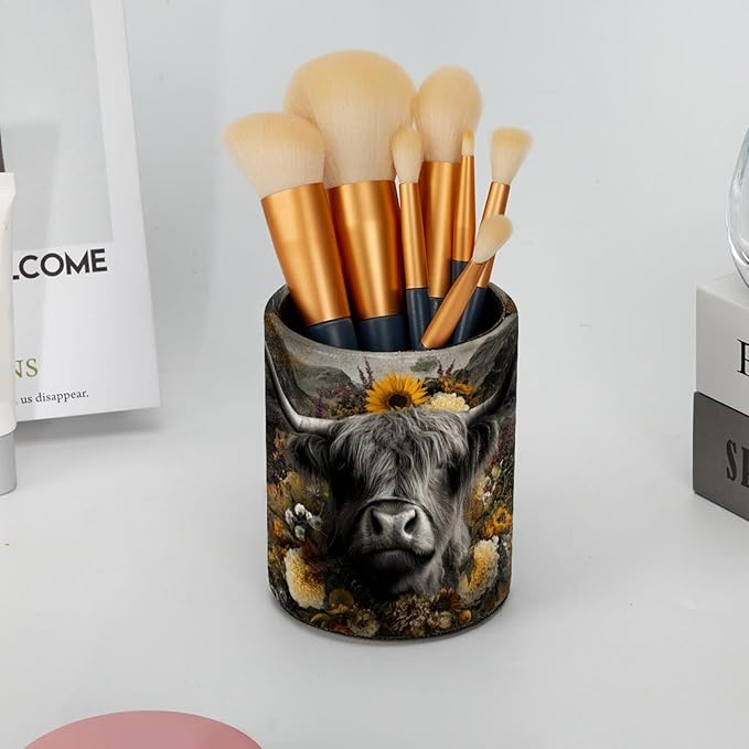 Watercolor Sunflower Yak PVC Leather Circular Pencil Holder for Desk Organizer Stationery Holder for Office, School(3.9 x 3.1 Inches)