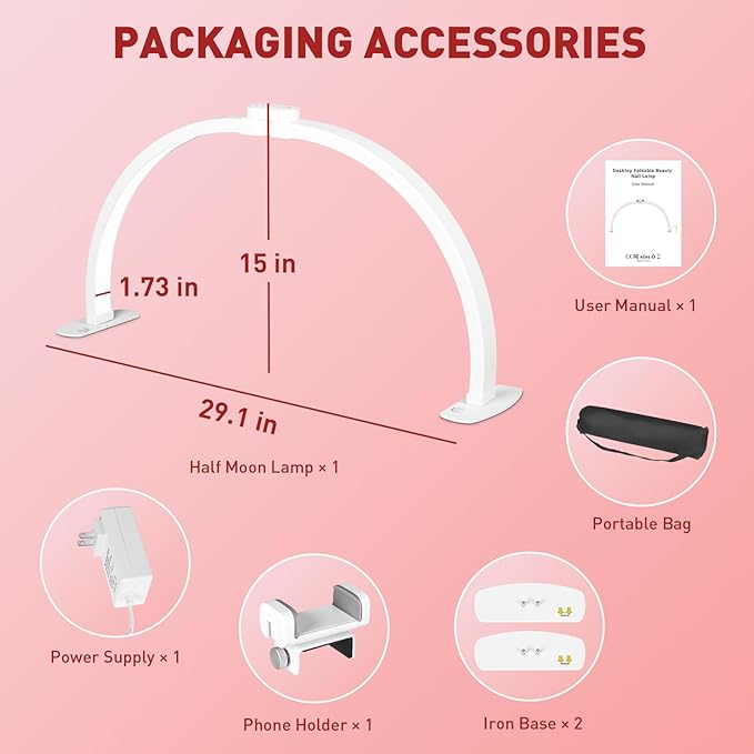KIRKAS Foldable Esthetician for Half Moon Light Nail Tech for Lash, Craft, Tattoo, Manicure, 29in Large Nail Desk Lamp 4700 Lumens Adjustable 3 Color Modes & 10 Brightness with Phone Stand-White
