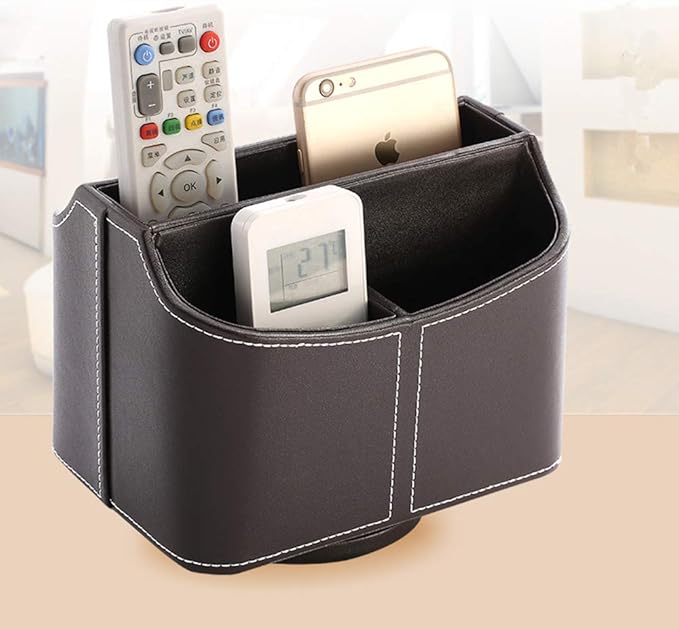 PU Leather Remote Control Holder 360 Degree Spinning Desk Organizer Storage Box for Remote Caddy,TV Guide, Mail, Electronics, Pen,Stationery and Media Storage (Brown)