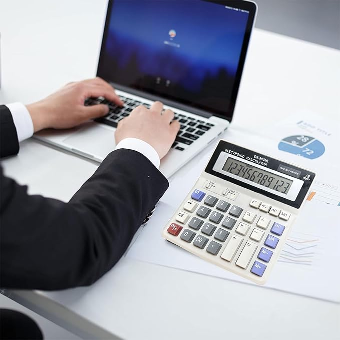 Desk Calculator Large 12 Digit Display, Dual Power Basic Calculator Desktop, Big Button for Office, Business, Home and School (Grey).