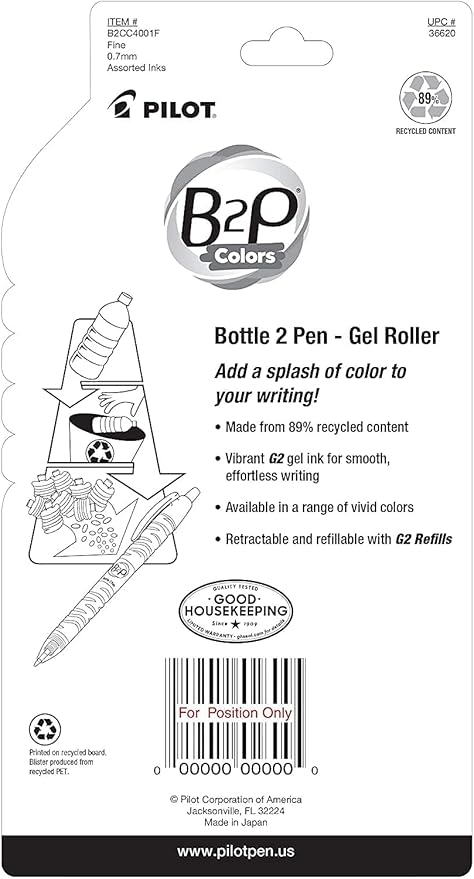 PILOT B2P Colors (New 2020! in retail packaging) - Bottle to Pen Refillable & Retractable Rolling Ball Gel Pen Made From Recycled Bottles, Fine Point, Color G2 Inks, 4-Pack