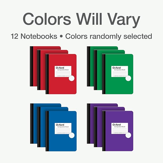 Oxford Composition Notebooks, Mega Pack of 12 Notebooks, Cover Colors Vary, 4 x 4 Graph Paper, 9-3/4 x 7-1/2 Inch School Journals, Assorted Color Covers, 80 Sheets per Book (63718)