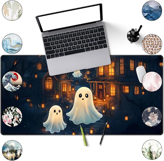 Cute Desk Mat Ghost Cartoon Mouse Pad Haunted House Style Desk Pad, Gaming Mouse Pad XXL Mouse Keyboard Pad Aesthetics Ai Desktop Mat Mouse Pads for Desk Computer Accessory Home Decor 31.5" X 15.7"