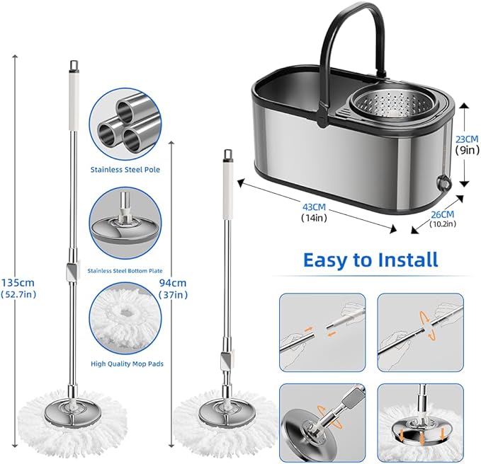 SWIFTIRON Spin Mop and Bucket with Wringer Set for Home,360° Mop and Bucket with Separate Clean and Dirty Water,Wet Dust Mop for Floor Cleaning with Extra Refills (Silver)