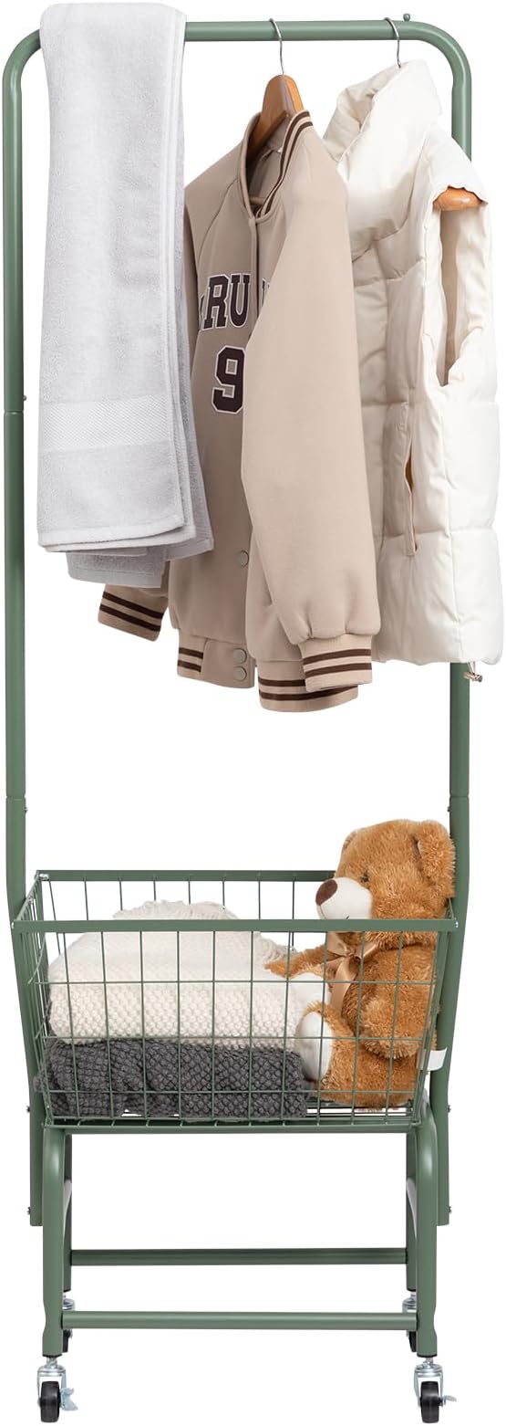 ALIMORDEN Laundry Cart with Clothes Rack, Rolling Laundry Butler with Wire Storage Rack,Green