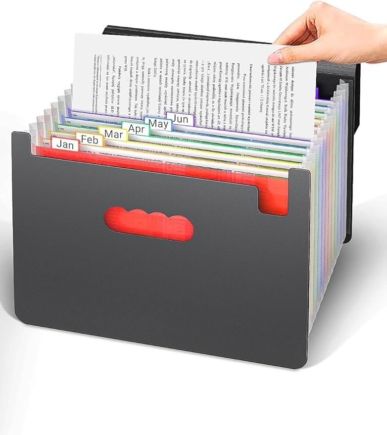 Expanding File Folders/Accordion File Organizer/Portable File Box,13 Pockets Expandable Filing Folder with Handle for Document Paper Receipt Bill Organizer,A4/Letter Size,Colored Tabs,Black Matte